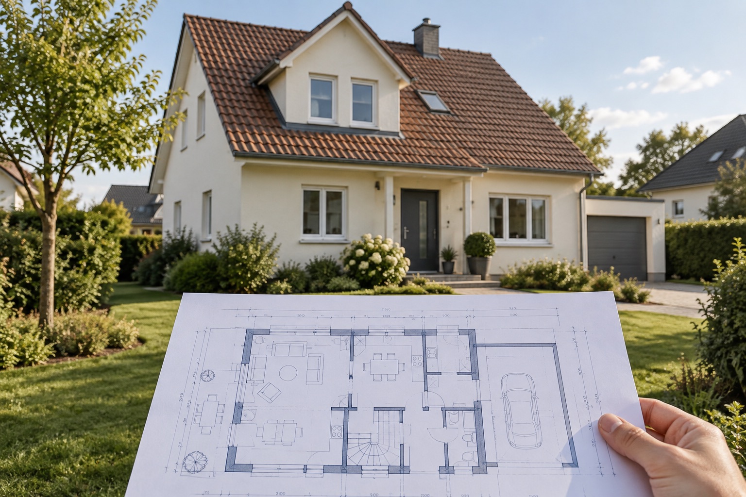 Ein Haus mit Garten und davor ein Bauplan, der von einer Hand gehalten wird.
